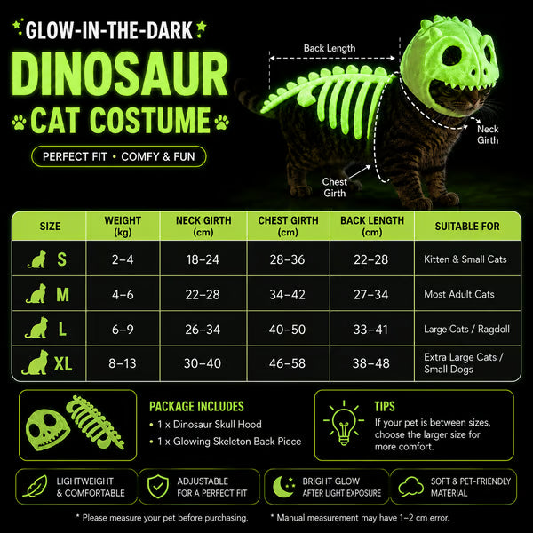 ๐๐ฆ Glow-in-the-Dark Dinosaur Skeleton Cat Costume โ Let Your Kitty Roar at Night! โจ