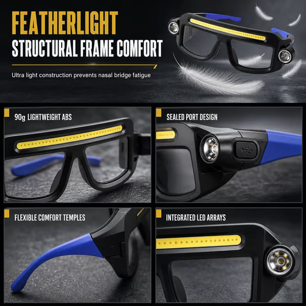 Hands Free Dual Beam LED Flashlight Glasses, Type-C Rechargeable COB Work Light Glasses