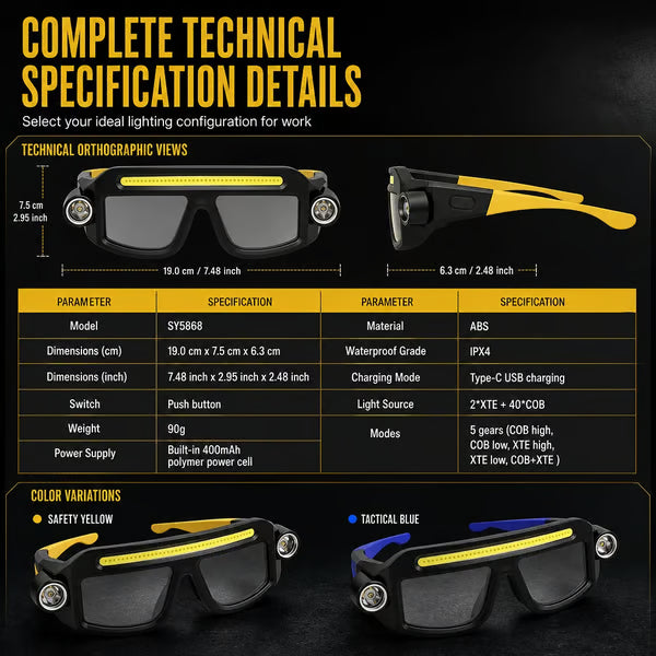 Hands Free Dual Beam LED Flashlight Glasses, Type-C Rechargeable COB Work Light Glasses